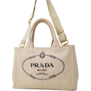 Prada Canapa Tote canvas handbag top handles 2way Beige Tan